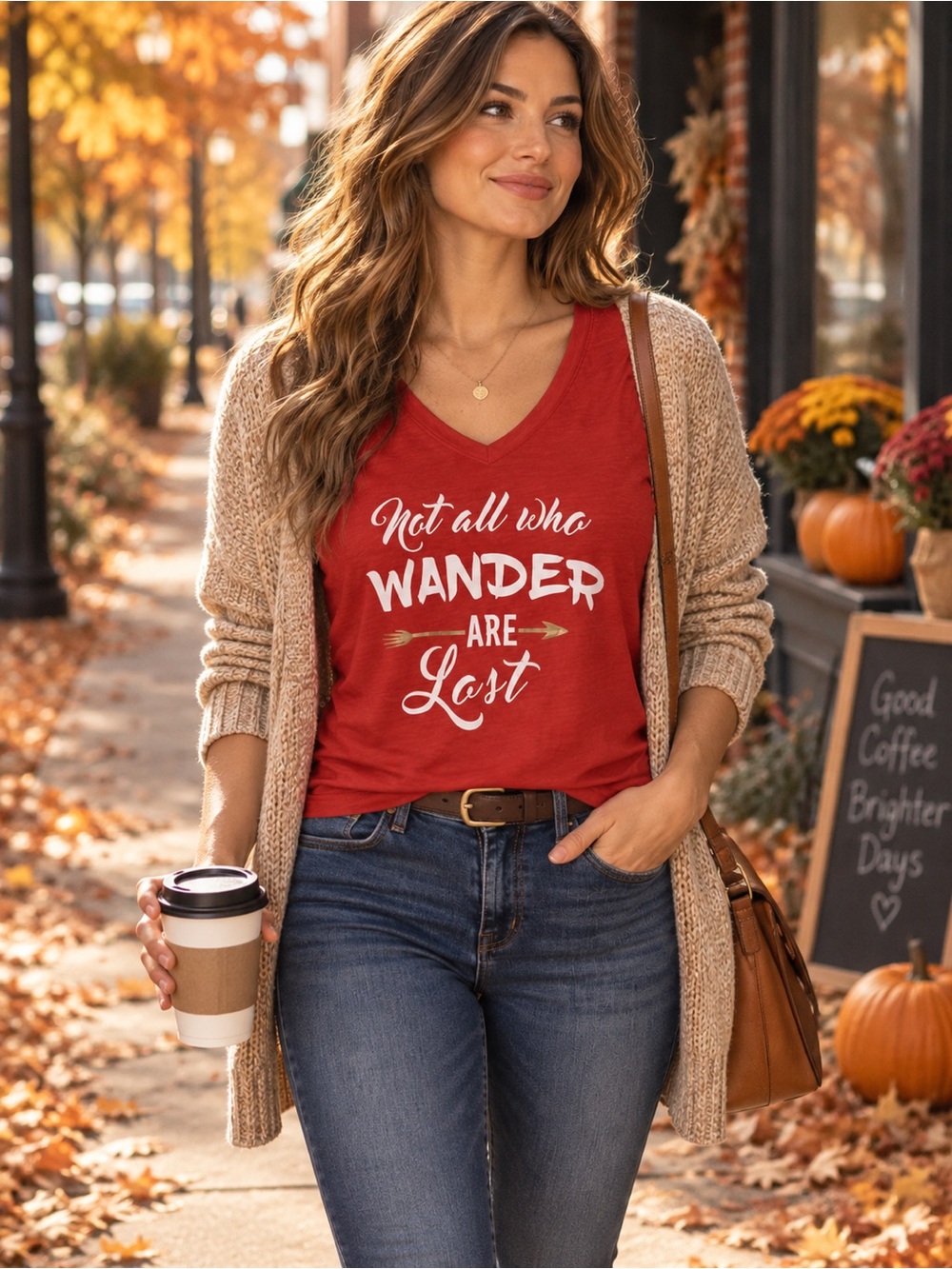 Not All That Wander are Lost Burnt Orange Graphic V Neck Tee Women’s Large